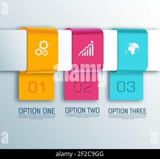 Business infographic concept with three ribbon banners options and white icons isolated vector illustration Stock Vector