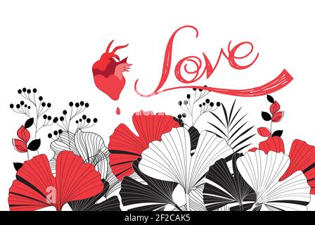 Abstract illustration with a red heart and plants. Example of a heart on a white background with elements Stock Vector