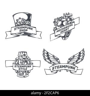 steampunk set isolated emblems with mechanical wings heart sketch style images ribbons with text Stock Vector