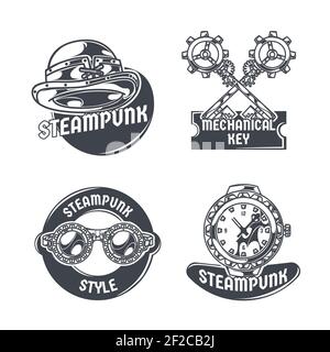 steampunk set with four isolated emblems editable text images various items Stock Vector