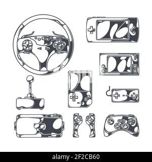 video games set with sketch style monochrome images vintage joysticks gamepads portable gaming devices Stock Vector