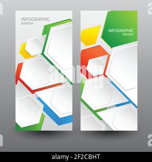 Infographic business vertical banners with light web hexagons on gray background isolated vector illustration Stock Vector