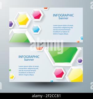 Web infographic horizontal banners with text and colorful glossy hexagons on gray background isolated vector illustration Stock Vector