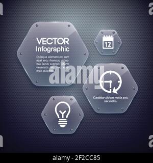 Infographic web design concept with icons and glass hexagons attached to grid background vector illustration Stock Vector