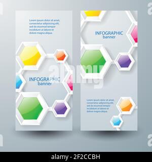 Abstract infographic business vertical banners with text colorful glossy connected hexagons on gray background isolated vector illustration Stock Vector