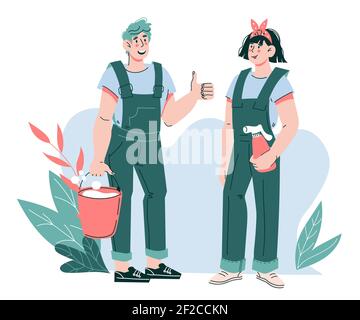 Friendly smiling cleaning company staff, flat cartoon vector ...
