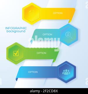 Business infographic concept with icons four colorful ribbons and hexagons on light background vector illustration Stock Vector