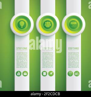 Business infographic concept with icons three gray vertical banners and round buttons on green background vector illustration Stock Vector