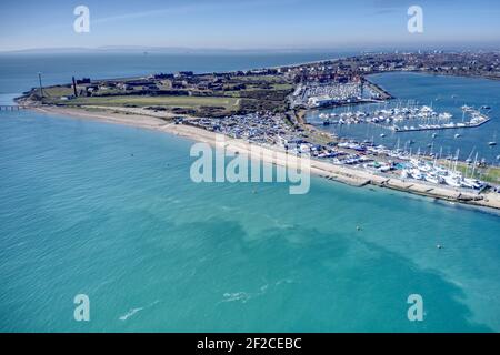 Aerial view of Southsea Lock Lake with Southsea Moorings and Marina in view and a boatyard on the shore. Stock Photo