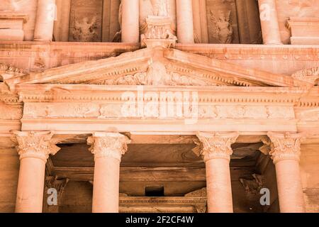 Front view of facade of Al-Khazneh temple - The Treasury - in Arab Nabatean Kingdom city of Petra, Jordan Stock Photo