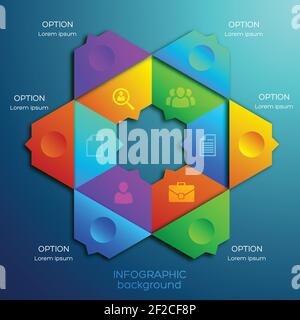 Business infographic design concept with colorful hexagonal diagram six options and icons vector illustration Stock Vector