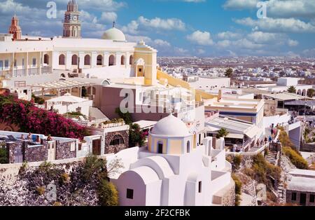 Santorini, Greece - September 11, 2017: Catholic Cathedral church of saint john the baptist in the day, Fira, Famous Greek island Stock Photo