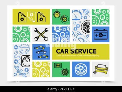 Car service infographic template with oil brake disc speedometer battery wrenches tire steering wheel shock absorber radiator gears line icons vector Stock Vector