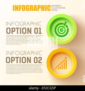 Business options infographic concept with two 3d colored circle buttons and place for description text flat vector Illustration Stock Vector