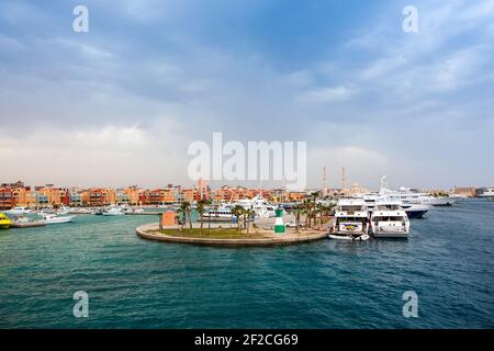 Hurghada, Egypt - November 13, 2016: Landscape of Marina bay in Hurghada, Egypt with view to promenade and yachts Stock Photo