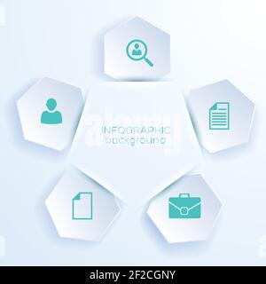 Five hexagonal stickers with business icons for web design cutout from white paper realistic vector illustration Stock Vector