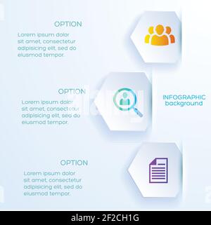 Paper background on subject of business infographic with hexagon bookmarks and text columns flat vector illustration Stock Vector