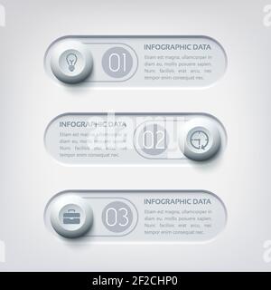 Business web infographics with three horizontal banners round buttons and icons in gray colors vector illustration Stock Vector