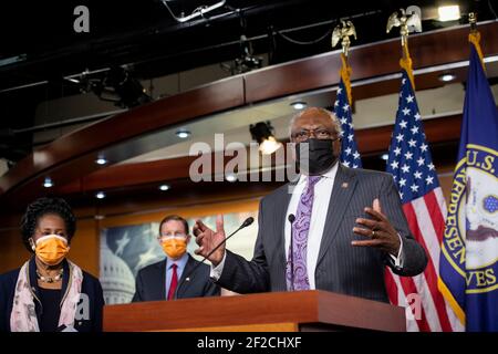 United States House Majority Whip James Clyburn (Democrat of South Carolina) offers remarks during a press conference on passage of gun violence prevention legislation at the U.S. Capitol in Washington, DC, Thursday, March 11, 2021. Credit: Rod Lamkey/CNP | usage worldwide Stock Photo