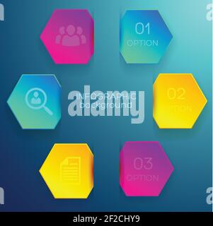 Business infographic concept with three options colorful hexagons and icons on light background vector illustration Stock Vector