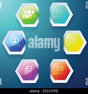 Infographic web concept with business icons and colorful glossy hexagons on blue background vector illustration Stock Vector