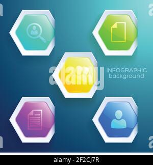 Business web infographic concept with glossy colorful hexagons and icons on light background vector illustration Stock Vector