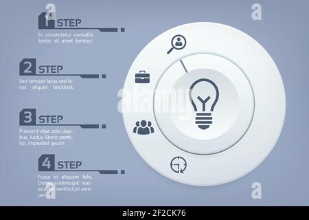 Interactive infographic concept with gray control button four options and business icons on light background vector illustration Stock Vector
