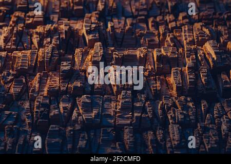 Dark brown wood texture background in sunset light Stock Photo