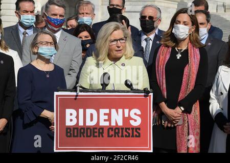 Washington, DC, USA. 11th Mar, 2021. Representative LIZ CHENEY(R-WY) alongside others Republican members speaks during a press conference about of the situation at the border between Mexico-US, today on March11, 2021 at HVC/Capitol Hill in Washington DC, USA. Credit: Lenin Nolly/ZUMA Wire/Alamy Live News Stock Photo
