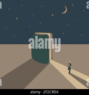 Concept: book is source of knowledge.Half-open book from which ray of light fall in which tiny girl stand ready to immerse herself in reading Stock Vector