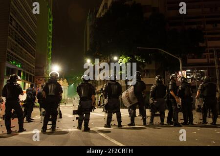 Rio de Janeiro, Brazil - 28 April, 2017: Military police in the street during the protest against drastic labor changes in the country. Stock Photo