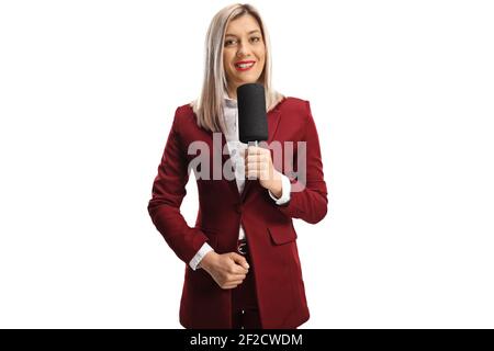 Beautiful female reporter with a microphone isolated on white background Stock Photo