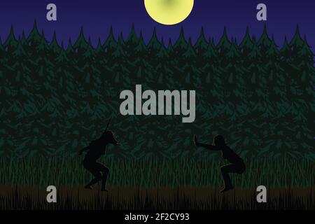 Flat illustration of two girls fighting in the moonlight Stock Photo