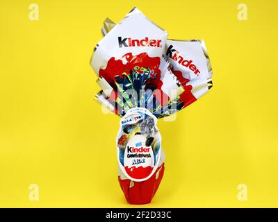 Kinder Surprise Chocolate Easter Egg. Kinder Surprise is a brand of products made in Italy by Ferrero Stock Photo