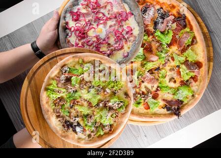 Assortment of pizzas with meat, salami, prosciutto, tomatoes, mozzarella, parmesan, salad, blue onion, quail egg on wooden boards. Top view. Stock Photo