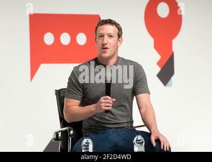 Mark Zuckerberg speaking at the Mobile World Congress 2015, Fia Barcelona Gran Via Conference Centre - Barcelona Stock Photo