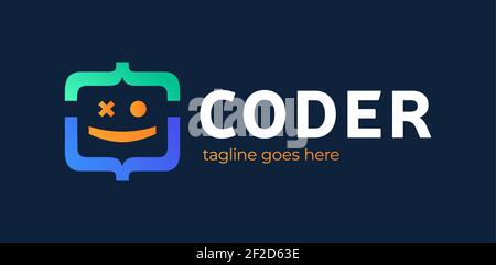 Fun Coding, Developer coding icon vector illustration, programming logo. smile face logo coding symbol Stock Vector