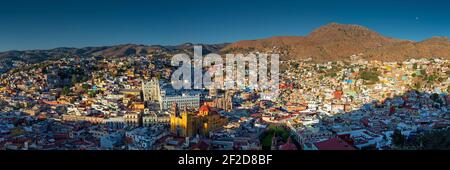 Large size aerial panorama of Guanajuato city at sunset, Mexico. Stock Photo