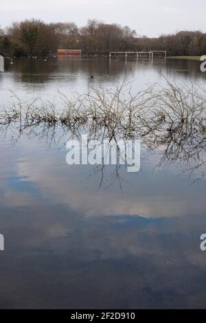 Flooded playing field with goalposts near Hudson Way railway walk Market Weighton Yorkshire UK Stock Photo