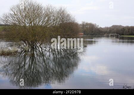 Flooded playing field with goalposts near Hudson Way railway walk Market Weighton Yorkshire UK Stock Photo