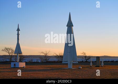 SANDY HOOK, NK –2 MAR 2021- Winter view of Nike missiles located on the grounds of Fort Hancock, Gateway National Recreation Area in New Jersey, Unite Stock Photo