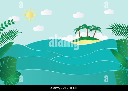 Summer sea landscape background with island and frame of palm and tropical leaves. Copy space for design or text. Flat vector illustration Stock Vector