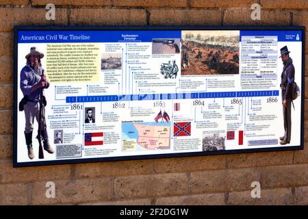 A pictorial panoramic sign with photos, maps and flags of the American Civil War Timeline, including conflict at Picacho Peak State park, AZ, USA Stock Photo