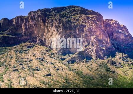 A view of Sonoran desert peaks with Saguaro cacti growing alongside the steep cliffs upwardly towards the  blue sky in Picacho Peak State Park, AZ