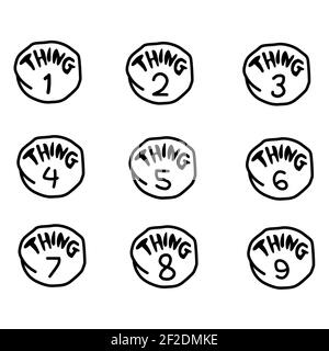 1-9 sign things graphic printable. circles with numbers one, two, three, four, five, six, seven, eight and nine. thing family sign. Stock Photo