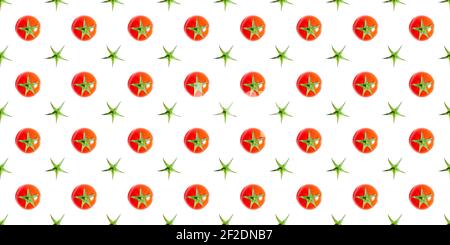 Seamless pattern of fresh ripe red cherry tomatoes isolated on white background. Top view. Banner. Flat lay composition. Stock Photo