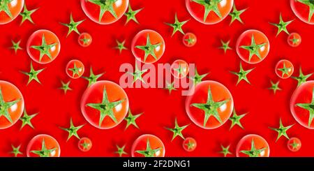 Seamless vegetable pattern of fresh ripe red cherry tomatoes isolated on red background. Top view. Banner. Flat lay Stock Photo