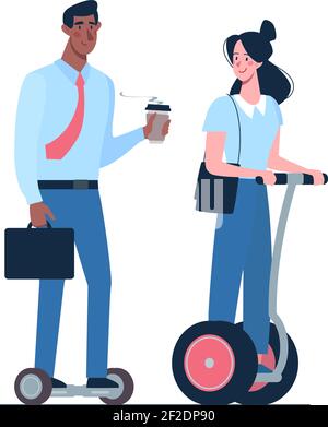 A couple of managers with coffee in their hands ride an environmentally friendly alternative transport. African man and girl riding.on gyroboards. Vector in flat style. Stock Vector