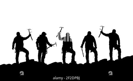 silhouette of five climbers with ice axe in hand on the black background Stock Photo