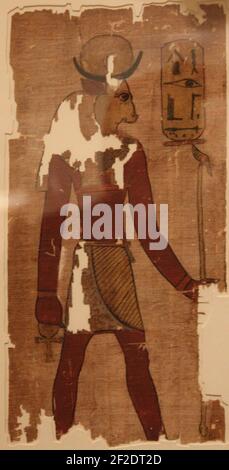 Papyrus showing Bull-Headed God holding Ankh and Was Scepter Stock Photo